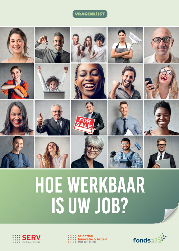 Collage van diverse vastgoedprofessionals met vraag "Hoe werkbaar is uw job?" voor Fonds 323 sectoronderzoek